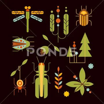 Nature, Insects, Leaves and Tree Icons Vector Illustration Stock Illustration