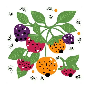 Nature-inspired elements. Bright berries with green leaves. Stock Illustration