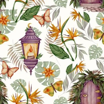 Nature-inspired seamless pattern featuring exotic plants and whimsical elements Stock Illustration