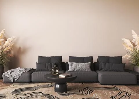 Nature interior design with black sofa, table and dry grass in modern luxury Stock Illustration