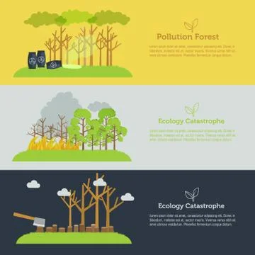 Nature issue deforestation, fire tree and pollution banner flat style design Stock Illustration