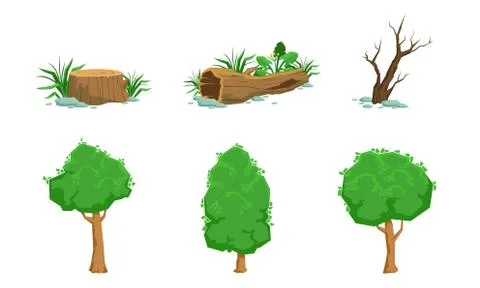 Nature Landscape Elements Set, Green and Dead Trees Vector Illustration Illustrazione stock