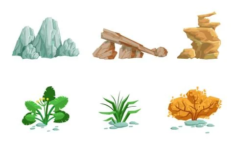 Nature Landscape Elements Set, Stones, Autumn Tree, Plant, Grass Vector Stock Illustration