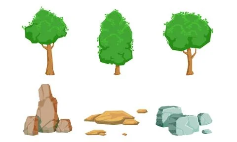 Nature Landscape Elements Set, Summer Trees and Stones Vector Illustration Stock Illustration