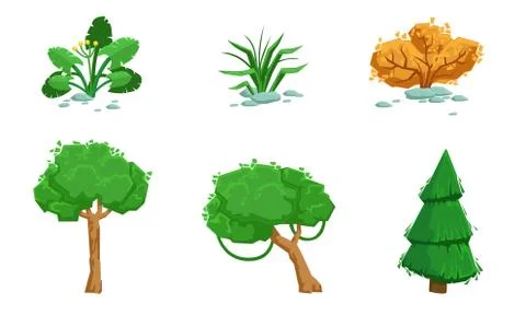 Nature Landscape Elements Set, Summer and Autumn Trees, Plants, Grass Vector Stock Illustration