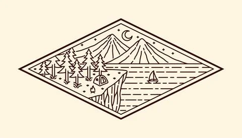 Nature landscape line art vector template Stock Illustration