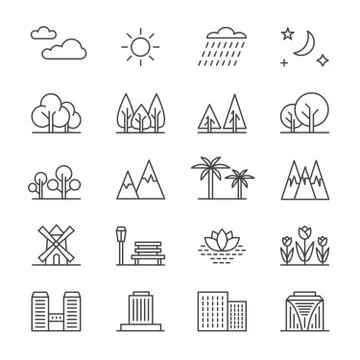 Nature landscape line vector elements and houses. Outline trees and mountains 스톡 일러스트