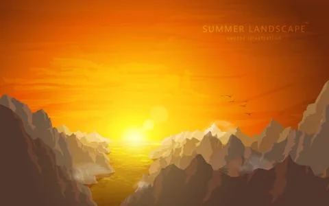 Nature landscape. Mountains and river on sunset Stock Illustration
