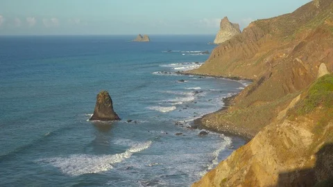 Nature landscape ocean waves rocky coast sunset Tenerife Canary islands. Stock Footage 105776300