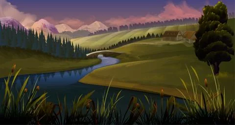 Nature, landscape river evening, vector background Stock Illustration