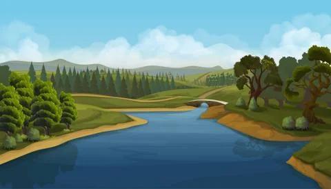 Nature landscape, river, vector background Stock Illustration