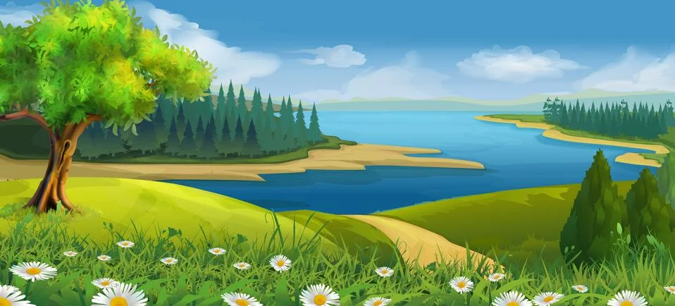 Nature landscape, stream valley, vector background Illustrazione stock