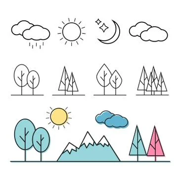 Nature landscape thin line elements icons. Nature landscape Stock Illustration