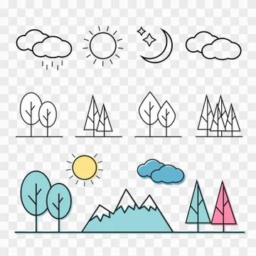 Nature landscape thin line elements icons. Nature landscape Illustrazione stock