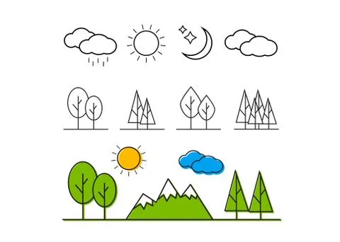 Nature landscape thin line elements icons. Nature landscape Stock Illustration