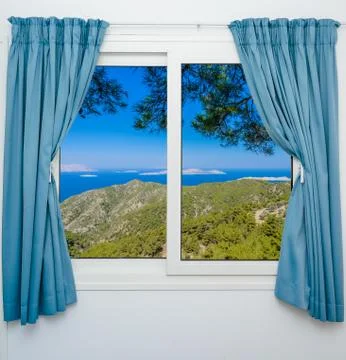Nature landscape with a view through a window with curtains Illustrazione stock