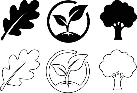 Nature leaf icons set including oak leaf and young growing plant bud. Ilustración de archivo