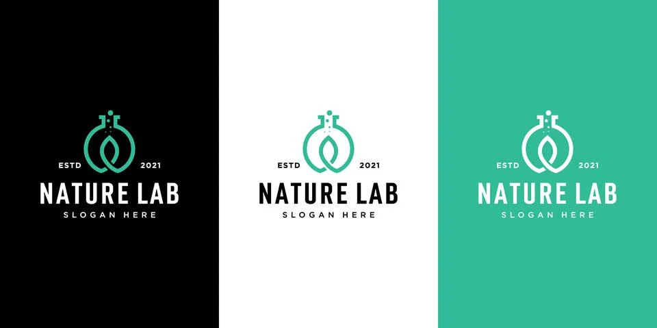 Nature leaf lab with molecule logo inspiration template Premium Vector Stock Illustration