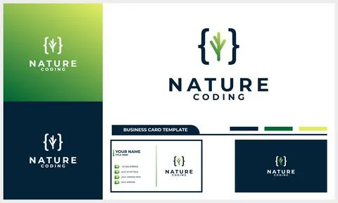 Nature leaf tree with coding code logo concept with business card template Stock Illustration