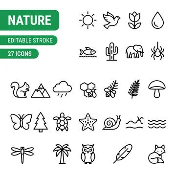 Nature line icon set featuring animals, plants, and weather symbols with ed.. 스톡 일러스트