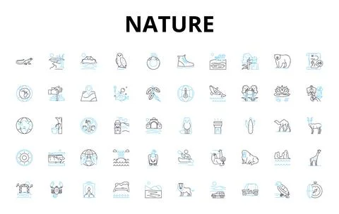 Nature linear icons set. Forest, Mountain, River, Ocean, Lake, Sky, Sunset Illustrazione stock