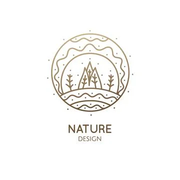 Nature linear logo landscape. Abstract icon of sun trees, river Stock Illustration
