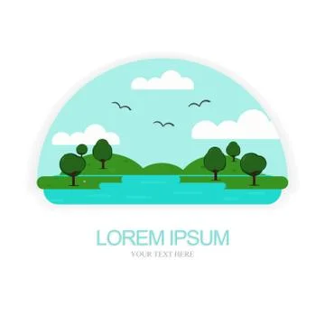 Nature logo vector with puddle, trees, clouds and flying birds. Stock Illustration