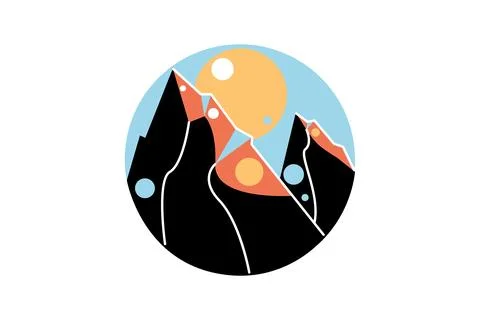 Nature mountain icon. Vector flat illustration of mountain peaks with orang.. Stock Illustration