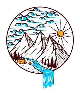 Nature mountain vector line illustration hand drawn Stock Illustration
