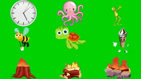 Nature objects on green screen featuring clock octopus frog bee turtle 库存影片 334704348