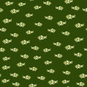 Nature ocean seamless pattern with little clown fish elements. Green backgrou Stock Illustration