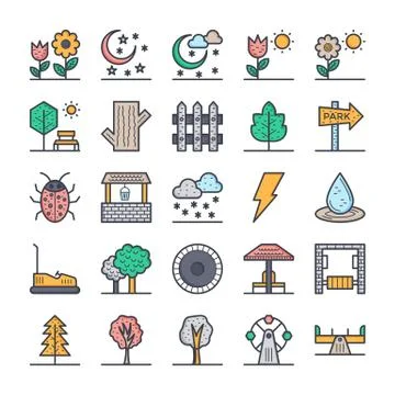 Nature, Park, Plants, Trees Vector Icons Set Stock Illustration