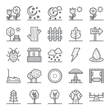 Nature, Park, Plants, Trees Vector Icons Set Stock Illustration