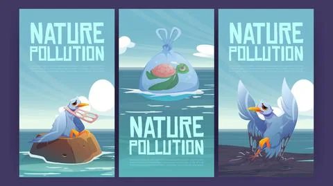 Nature pollution poster with garbage and oil spill Stock Illustration