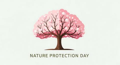 Nature protection day magnolia tree illustration with pink blossoms and sym.. Stock Illustration