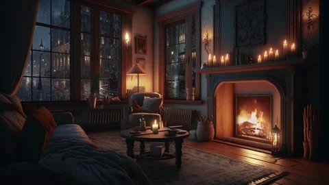 Nature Rain View from Inside Cozy Room with Fireplace Stock Footage 276200066