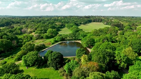 Nature Reserve Triangular Pond Landscape Aerial Drone Mid Angle Panning Down Stock Footage 308400608