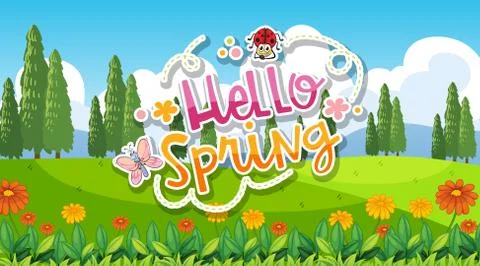 Nature scene background with hello spring sign in the garden Illustrazione stock