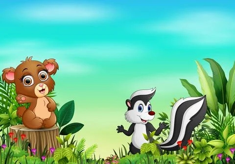 Nature scene with a bear sitting on tree stump and raccoon Stock Illustration
