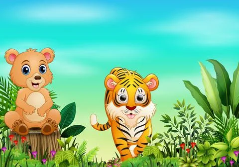 Nature scene with a bear sitting on tree stump and tiger Stock Illustration