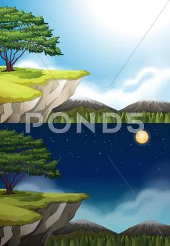 Nature scene of cliff at night and day Stock Illustration