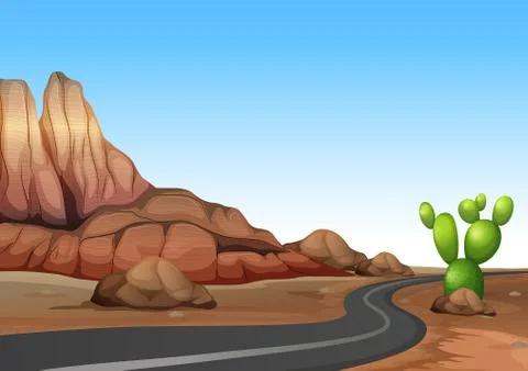 Nature scene with empty road in desert land Stock Illustration