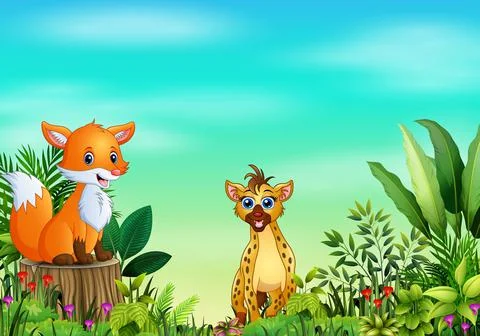 Nature scene with a fox sitting on tree stump and hyena 스톡 일러스트