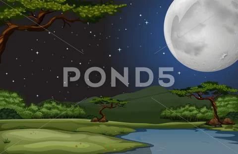 Nature scene on fullmoon night Stock Illustration