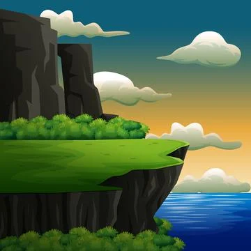Nature scene with high cliff on the seafront Stock Illustration
