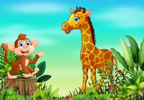 Nature scene with a monkey sitting on tree stump and giraffe Illustrazione stock