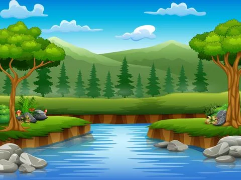Nature scene of river in the forest Stock Illustration