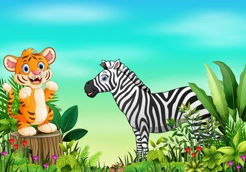 Nature scene with a tiger standing on tree stump and zebra Illustrazione stock