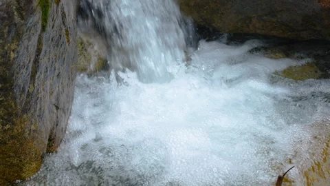 Nature Scene, Tiny Waterfall and Foamy Bubbles, Slow Motion Video stock 256562825