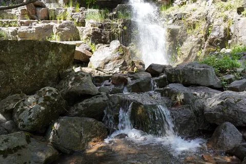 Nature scenery inside the waterfall and blue sky Stock Photos